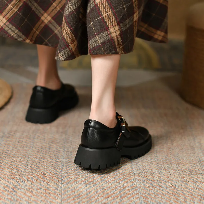 Spring Genuine Leather Flat Platform Women Shoes Fashion Slip-On Platform Shoes Casual Round Toe Heel Handmade Shoes Woman