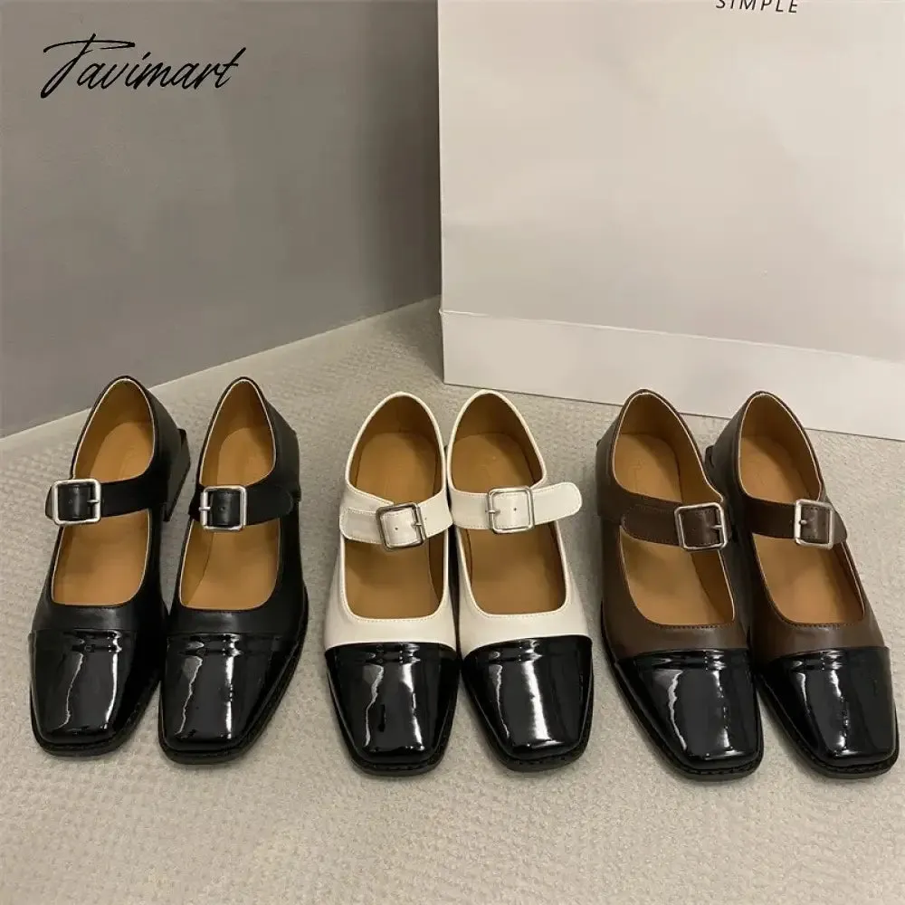 TAVIMART -  Spring Autumn Britain Style Belt Buckle Woman Ankle Strap Color Block Flats French Mary Janes Femme Punk Girls Shoes Moccasins