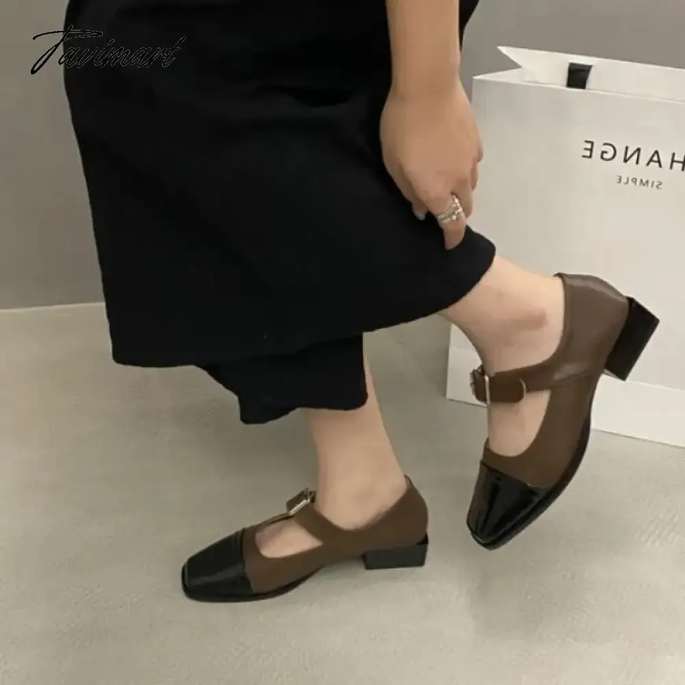 TAVIMART -  Spring Autumn Britain Style Belt Buckle Woman Ankle Strap Color Block Flats French Mary Janes Femme Punk Girls Shoes Moccasins