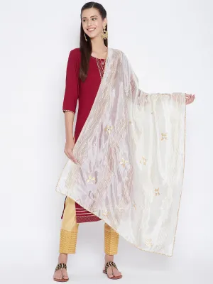 Women Cream Printed Silk Dupatta