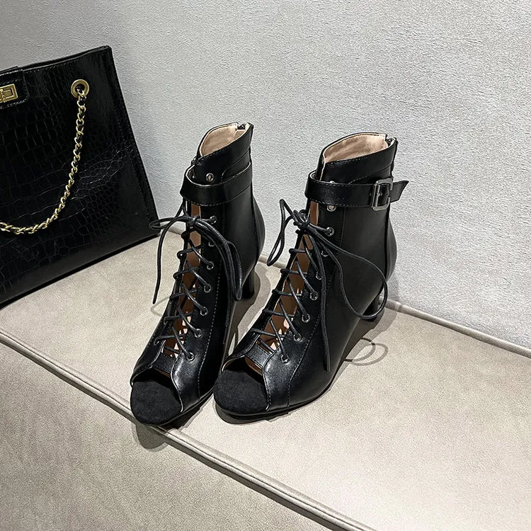 Women's 7cm/9cm Slim Heel Leatherette Rubber Sole Peep Toe Lace-up Jazz Shoes Dance Boots