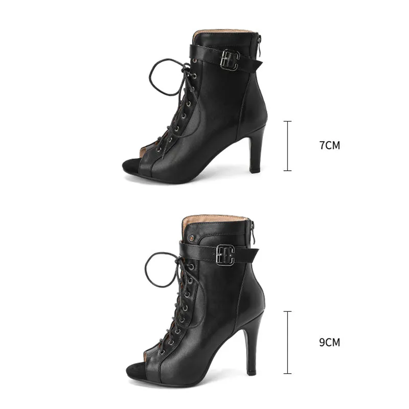 Women's 7cm/9cm Slim Heel Leatherette Rubber Sole Peep Toe Lace-up Jazz Shoes Dance Boots