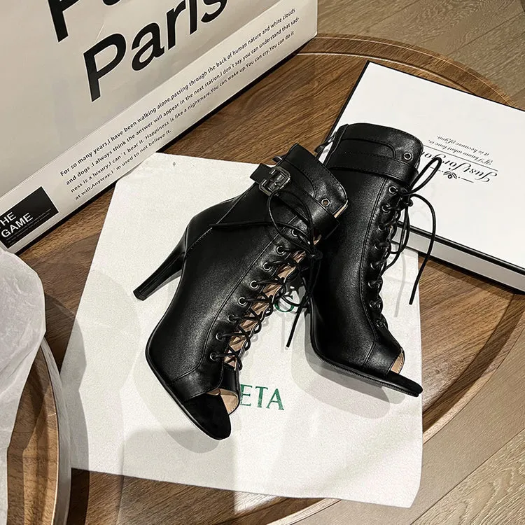 Women's 7cm/9cm Slim Heel Leatherette Rubber Sole Peep Toe Lace-up Jazz Shoes Dance Boots