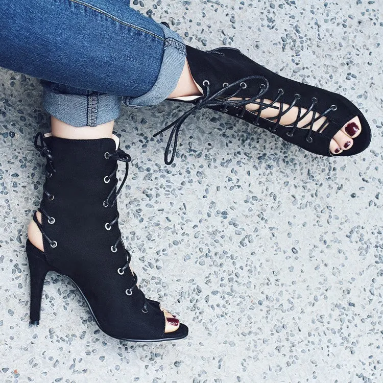 Women's Black 10cm  Slim Heel  Rubber Sole Suede Jazz Shoes Lace-up Open Toe Dance Heels Boots