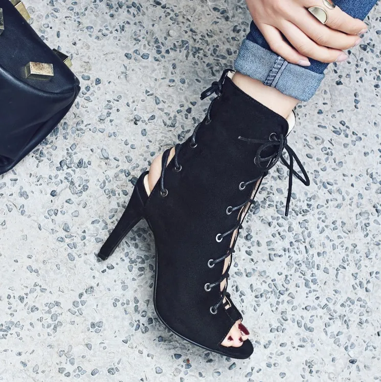Women's Black 10cm  Slim Heel  Rubber Sole Suede Jazz Shoes Lace-up Open Toe Dance Heels Boots