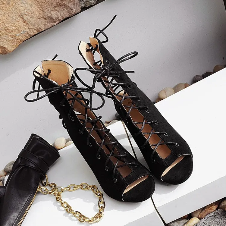 Women's Black 10cm  Slim Heel  Rubber Sole Suede Jazz Shoes Lace-up Open Toe Dance Heels Boots