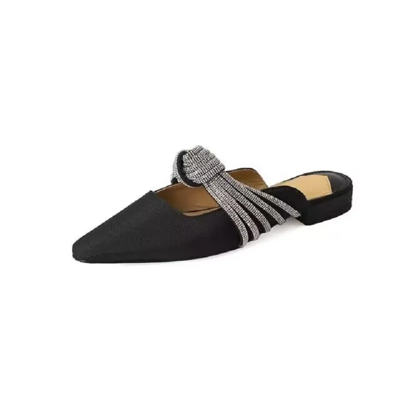 xiangtuibao Spring and summer new cloth retro square head flat back empty women's Mueller shoes rhinestone bow flip-flops