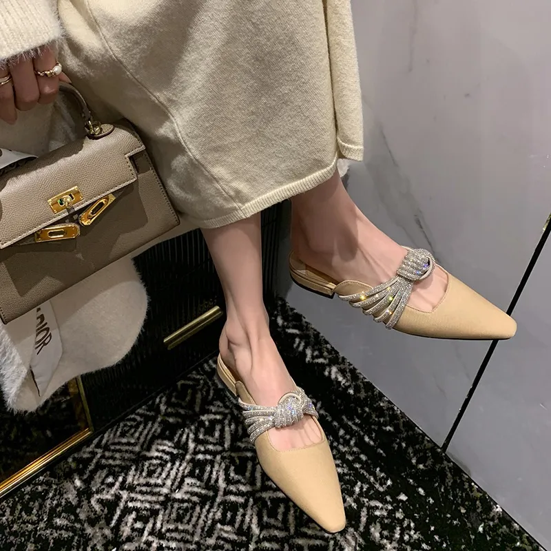 xiangtuibao Spring and summer new cloth retro square head flat back empty women's Mueller shoes rhinestone bow flip-flops