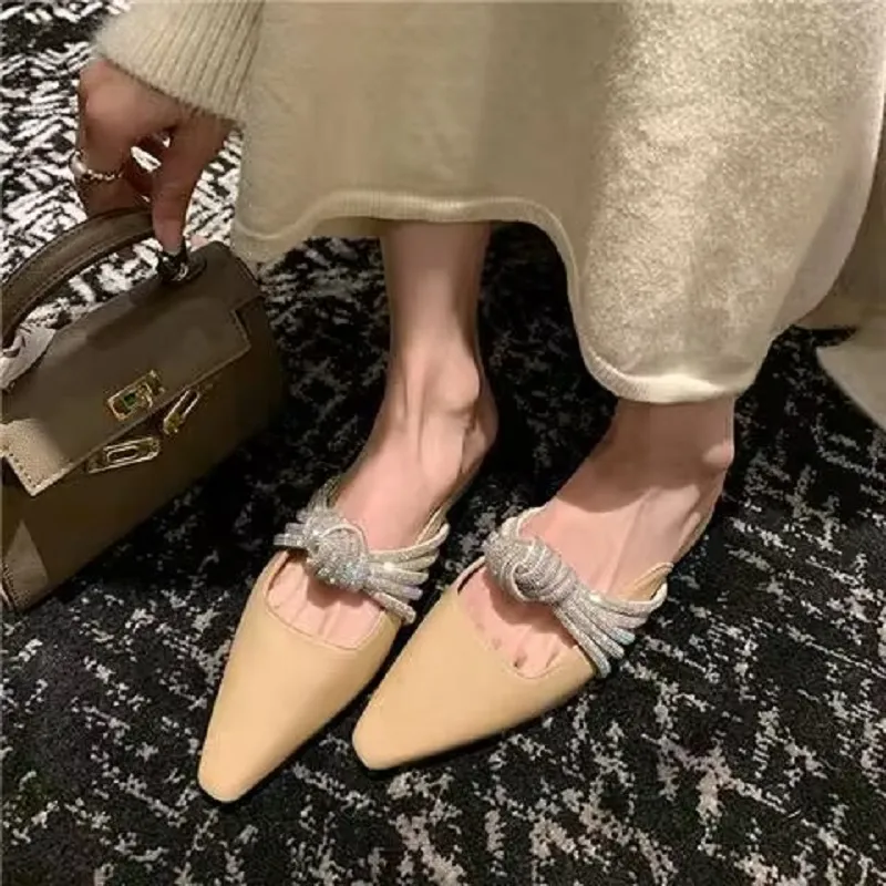 xiangtuibao Spring and summer new cloth retro square head flat back empty women's Mueller shoes rhinestone bow flip-flops