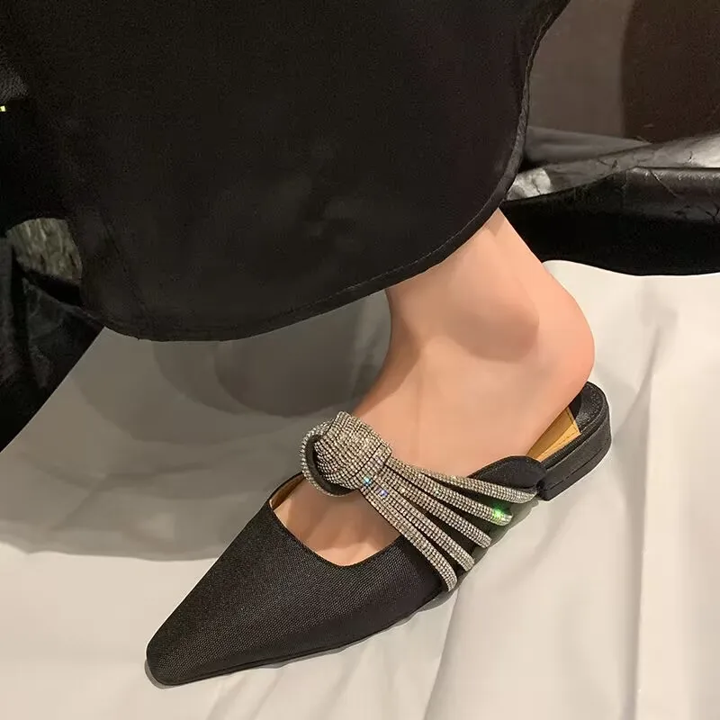 xiangtuibao Spring and summer new cloth retro square head flat back empty women's Mueller shoes rhinestone bow flip-flops