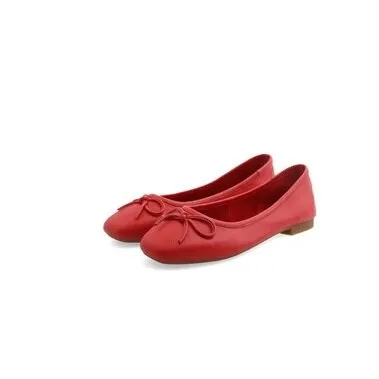 xiangtuibao Women's Square Toe Bow-knot European American Style Lady Microfiber Big Size 34-45 Flat Loafer Shoes Ballet Flattie Slip-Ons Red
