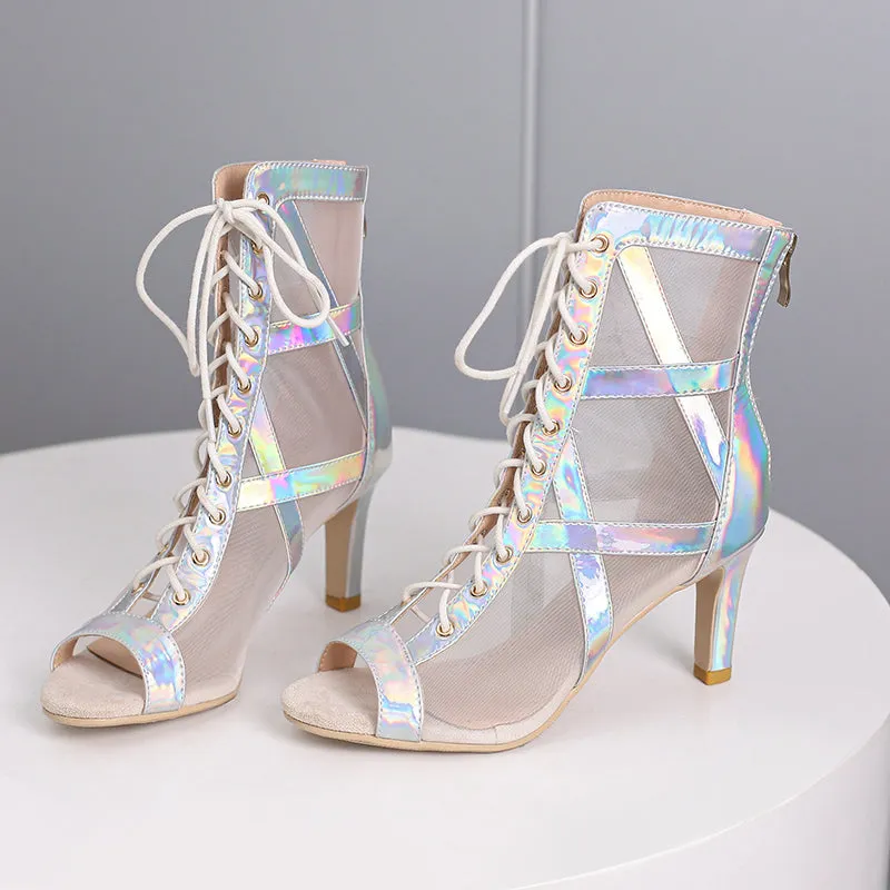 YXZJ Women's Silver 7cm/9cm Heel Peep Toe Rubber Sole Jazz Shoes Dance Boots
