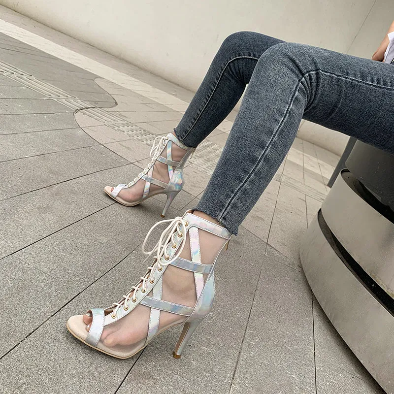 YXZJ Women's Silver 7cm/9cm Heel Peep Toe Rubber Sole Jazz Shoes Dance Boots