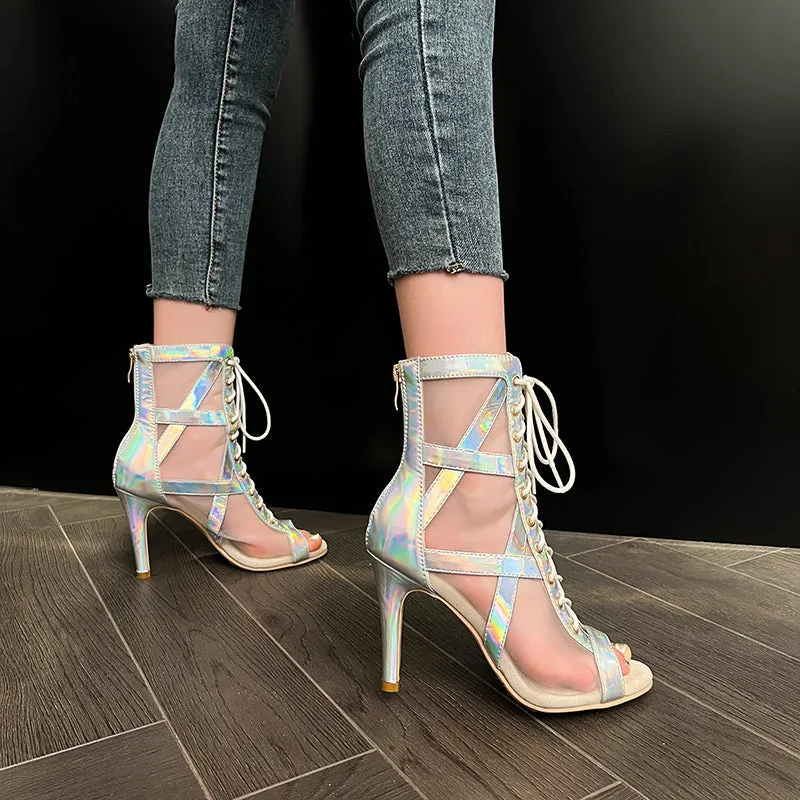 YXZJ Women's Silver 7cm/9cm Heel Peep Toe Rubber Sole Jazz Shoes Dance Boots