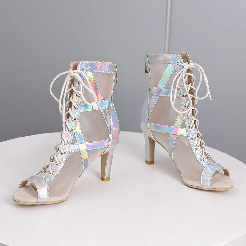 YXZJ Women's Silver 7cm/9cm Heel Peep Toe Rubber Sole Jazz Shoes Dance Boots