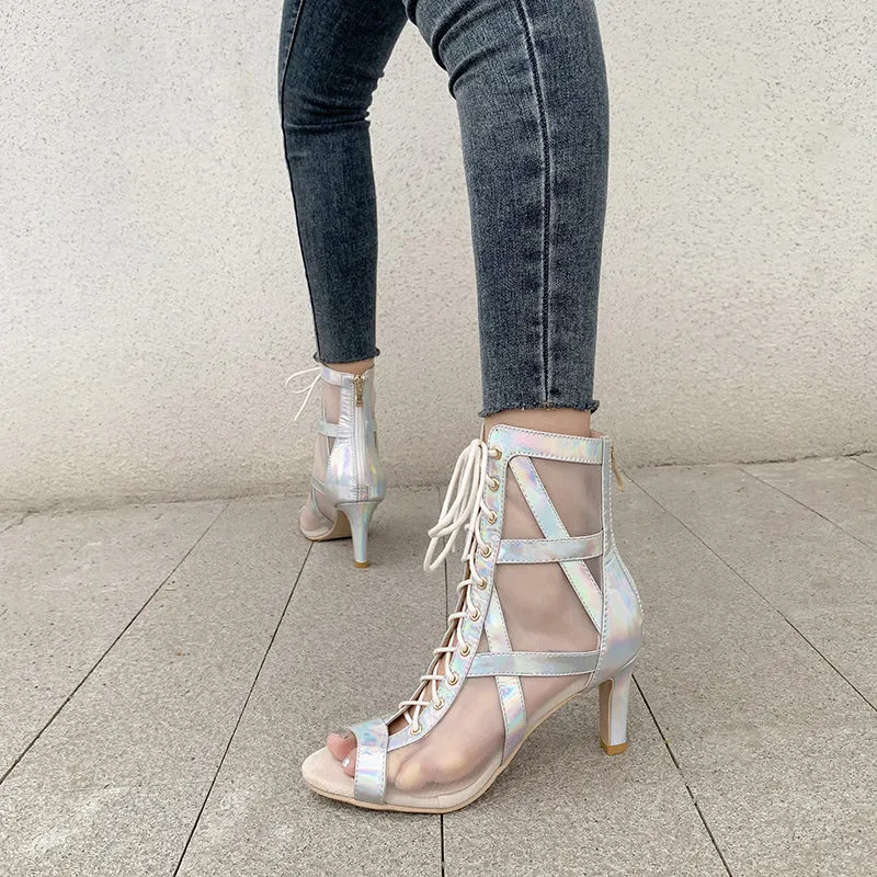 YXZJ Women's Silver 7cm/9cm Heel Peep Toe Rubber Sole Jazz Shoes Dance Boots